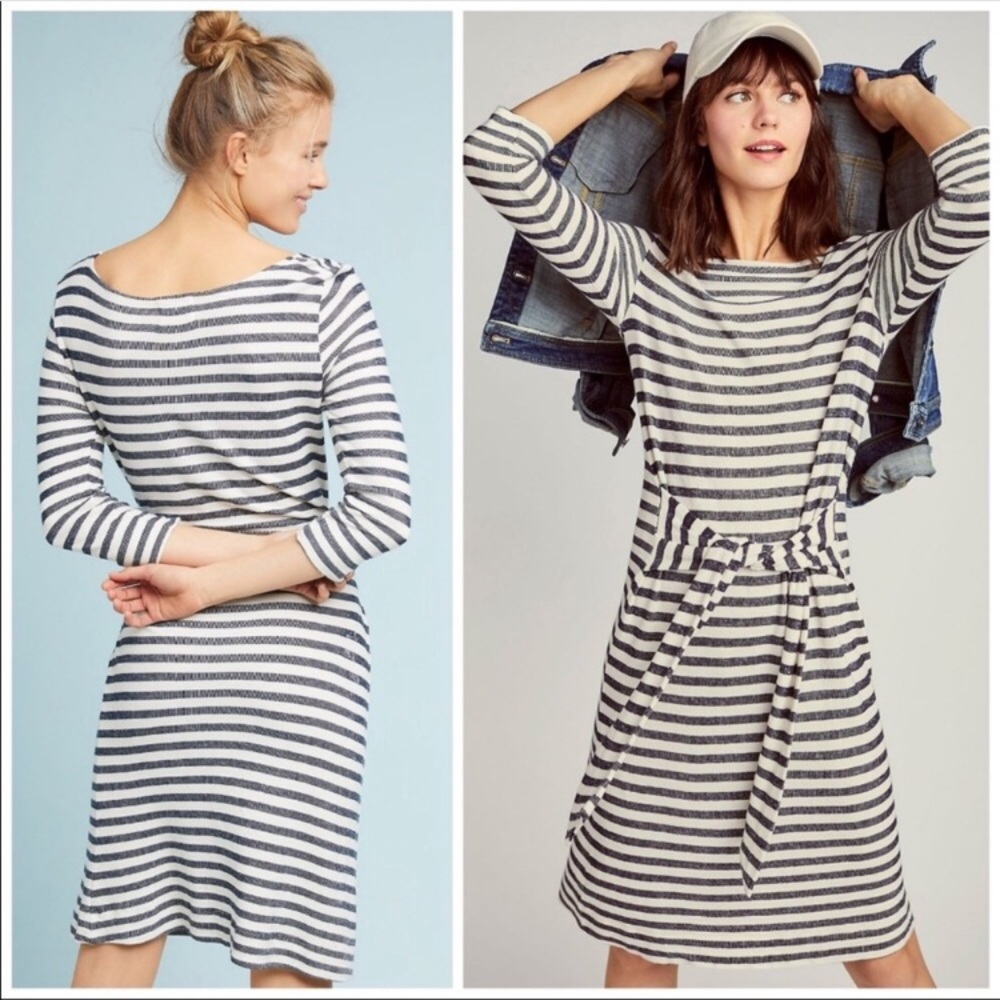 T.la Anthropologie Becky striped tie waist dress S